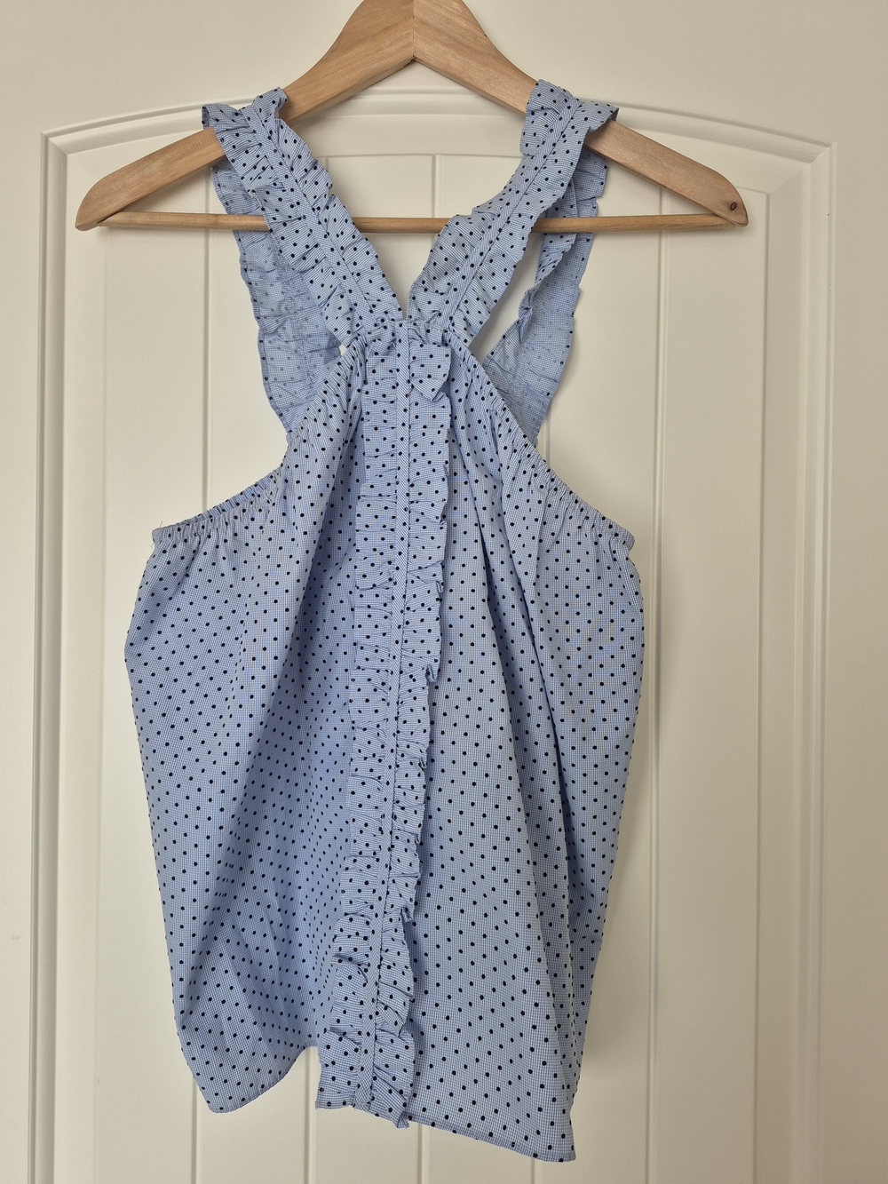 Waverly Grey Light Blue Polka Dot Ruffle Halter Camisole